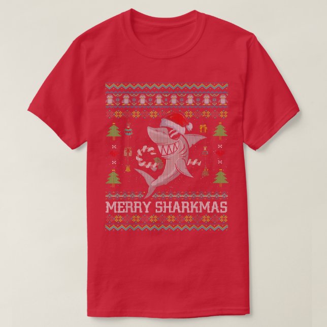 Camiseta Suor de Natal UGLY de Sharkmas feliz (Frente do Design)