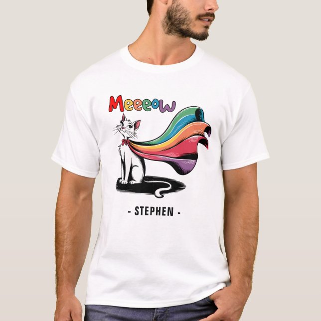 Camiseta Super Cat Meeow - Rainbow Cape Pride Cat (Frente)