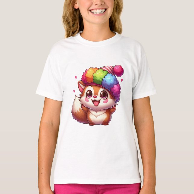 Camiseta Super Cute Fox in Colorful Pom-Pom Hat (Frente)