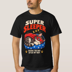 Camiseta Super Dorminhoco Gato Super-Herói Divertido Salvan