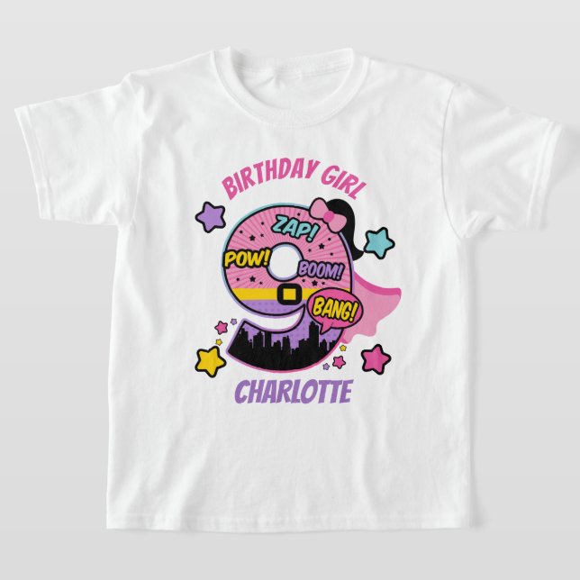Camiseta Super-herói Nove Garota de Aniversário 9ª Super Ra (Postura )