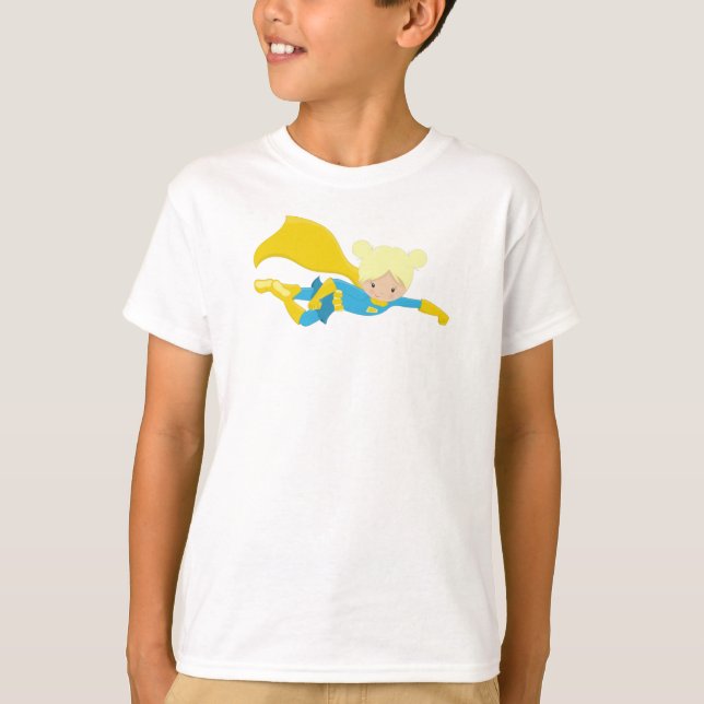 Camiseta Super-heroína, Cabelo Loiro, Herói, Cabo Amarelo (Frente)