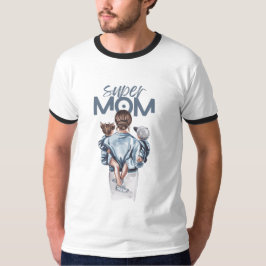 Camiseta Super Mãe Azul Aquarela Arte de Mãe e Filhos
