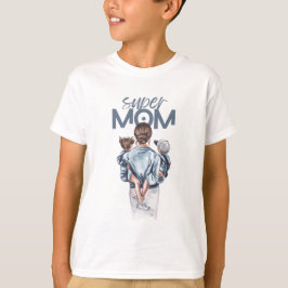 Camiseta Super Mom Blue Watercolor Mother and Children Art