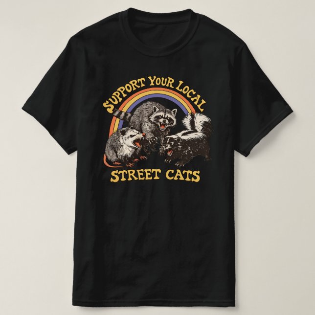 Camiseta Support local street cats -Raccoon and Opossum Art (Frente do Design)
