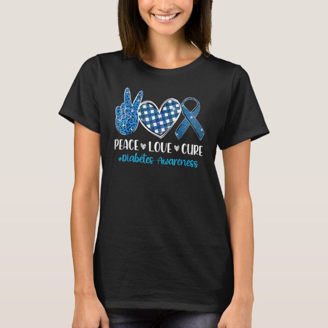 Camiseta Support Peace Love Cure Grey Blue Ribbon Diabetes  (Frente)