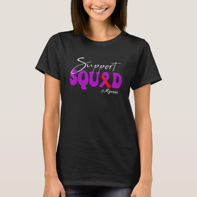 Camiseta Support Squad Migraine Awareness Purple & Red Ribb (Frente)