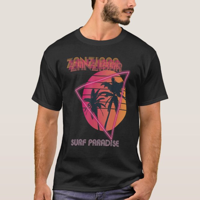 Camiseta Surf Paraíso Zanzibar Retro Beach Palm tree Vacat (Frente)