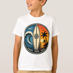 Camiseta Surf • Sol • Mar Insígnia de Onda Tropical Retro  