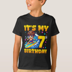 Camiseta Surfando É Meu 7º Aniversário Menino 7 Anos de Ida