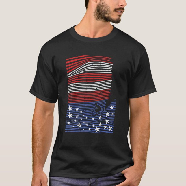 Camiseta Surfando Em 4 De Julho, A Bandeira Americana Wave  (Frente)