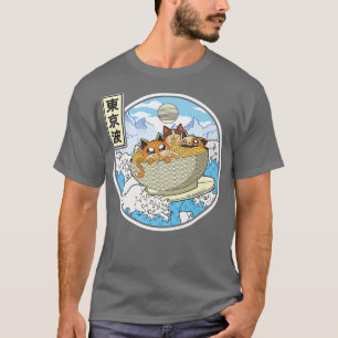 Camiseta Surfando Gatos Comendo Ramen Bowl Japonês Ondas Ka