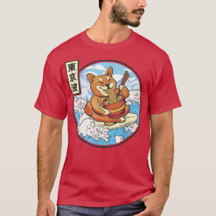 Camiseta Surfando Shiba Inu Comendo Ramen Japão Ondas Kawai