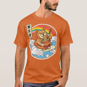Camiseta Surfando Shiba Inu Comendo Ramen Japão Ondas Kawai
