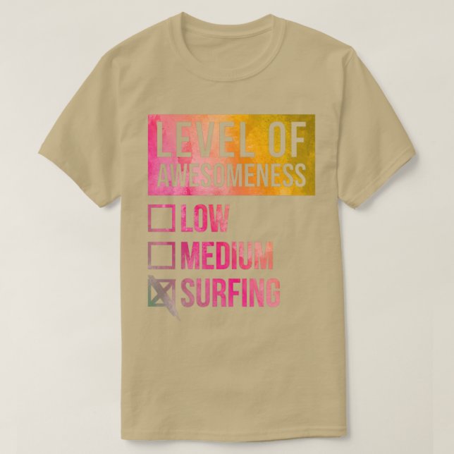Camiseta Surfar em Arte Engraçada Nível de Surfar em Aquare (Frente do Design)