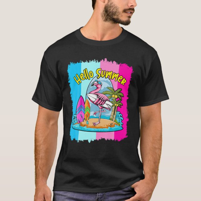 Camiseta Surfboard Hello Summer Flamingo Funny Beach Summer (Frente)