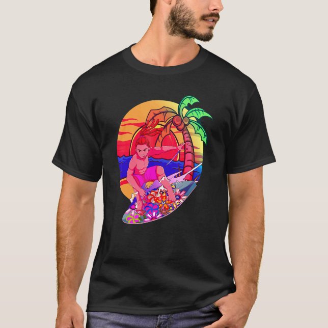 Camiseta Surfer 90s Sintthwave Sunset Palm Trees Surfing Va (Frente)