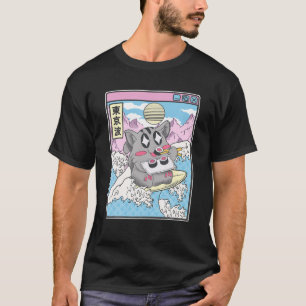 Camiseta Surfing Cat Eating Sushi Japonês Wave Vaporwave K