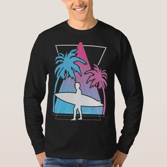 Camiseta Surfing Palm Tres Surfboard Synthwave Watersport (Frente)