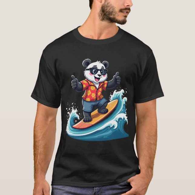 Camiseta Surfing Panda em Estilo Tropical - Divertido e rel (Frente)