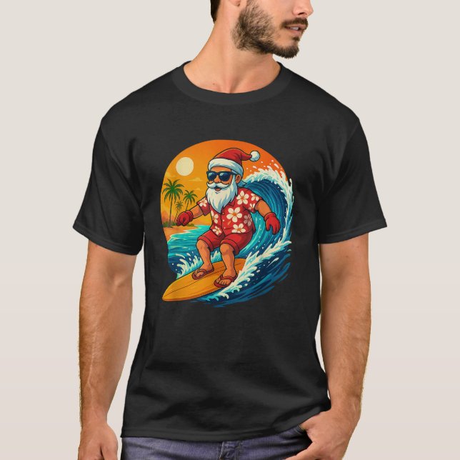 Camiseta Surfing Santa Tropical Christmas Holiday Hawaiian  (Frente)