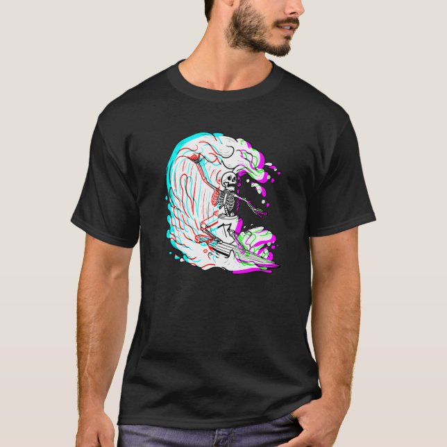Camiseta Surfing Skeleton Funny Beach Surfer Surf Vaporwave (Frente)