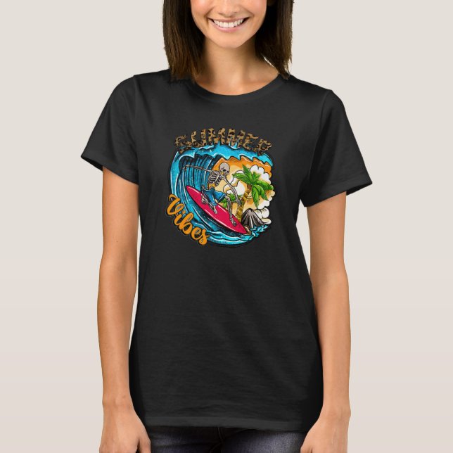 Camiseta Surfing Skeleton Summer Vibes Beach Waves Sunset S (Frente)