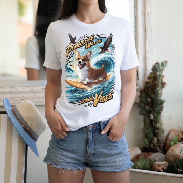 Camiseta Surfing Welsh Corgi Pegando Grande Onda (Criador carregado)