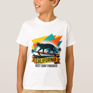 Camiseta Surfista de Gato de Verão - Meninos Retro Califórn