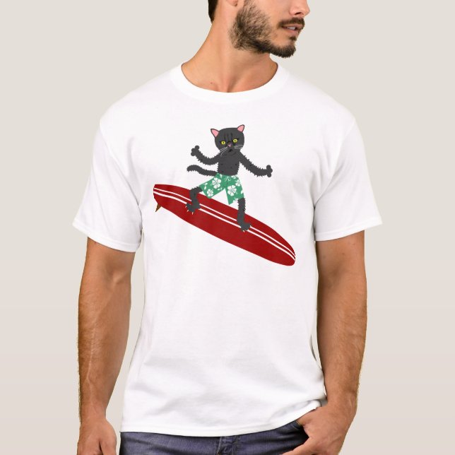 Camiseta Surfista de Longboard do gato preto (Frente)