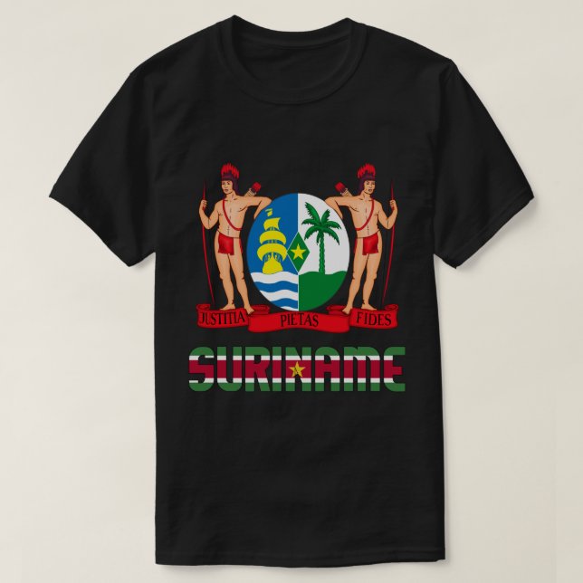 Camiseta Suriname Flag e Casaco de Armas Patriótica (Frente do Design)