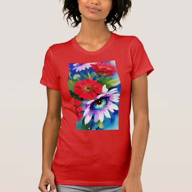 Camiseta Surreal Blue Eye Pink Flower & Red Zenias (Frente)