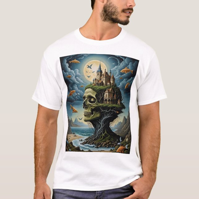 Camiseta Surreal Castle Skull Fantasy T Shirt Moonlit Ocean (Frente)