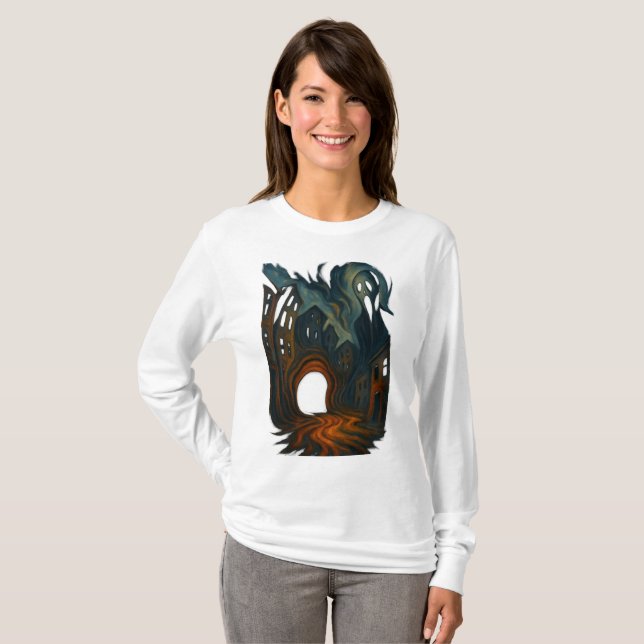 Camiseta Surreal Dark Cityscape Art Ghostly Figure Painting (Frente Completa)
