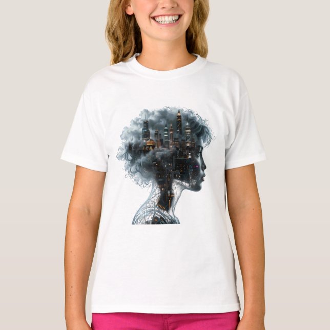 Camiseta Surreal Mindscape: City within a Woman's Head (Frente)