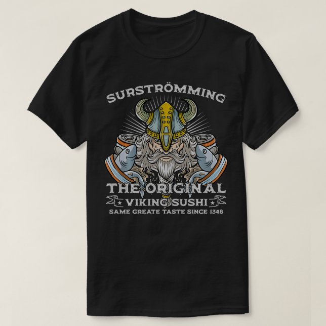 Camiseta Surstruindo O Arenque Escandinavo Viking Sushi (Frente do Design)