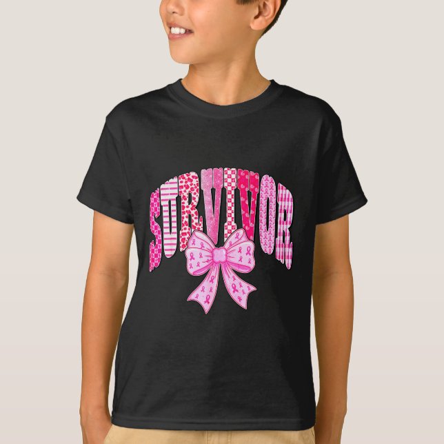 Camiseta Survivor Nk Ribbon Coquette Bow Breast Cancer Awar (Frente)