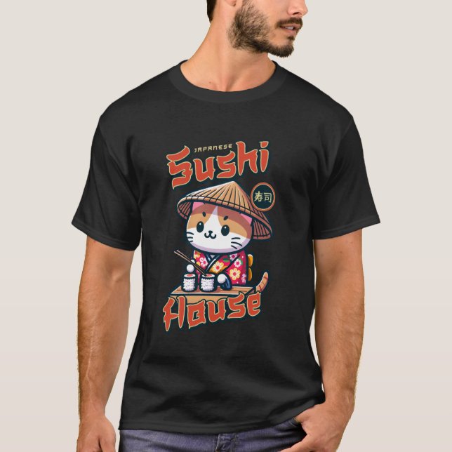 Camiseta Sushi Cat Japanese Harajuku Anime Kawaii Cat Sushi (Frente)