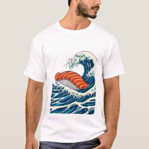 Camiseta Sushi de Salmão Nigiri Grande Onda Arte Japonesa