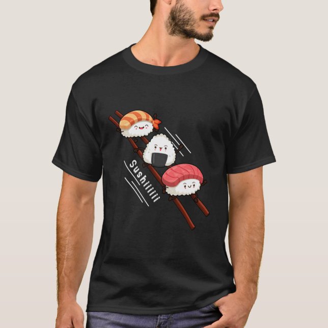 Camiseta Sushi Deslizando Em Chopsticks Kawaii Anime Japonê (Frente)
