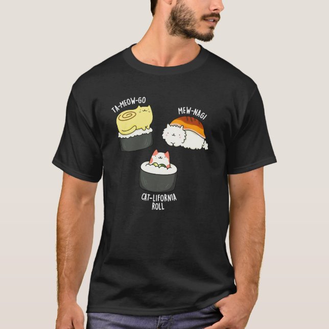 Camiseta Sushi Gata Engraçado Sushi Pun Dark BG (Frente)