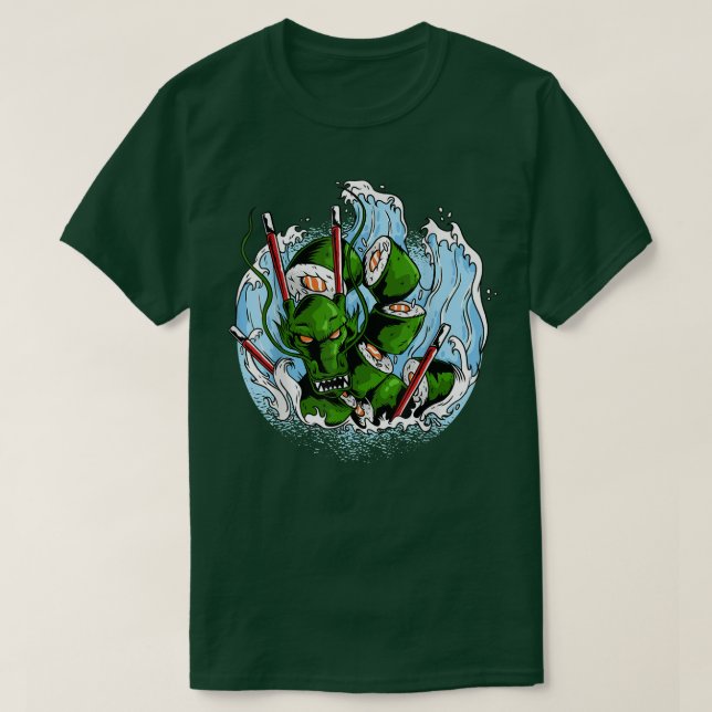 Camiseta Sushi Kaiju Dragon Japan Manga Anime Fans T-Shirt (Frente do Design)