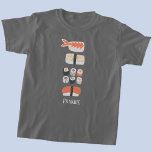 Camiseta Sushi Nigiri Sashimi Maki Roll Name<br><div class="desc">Arte de comida japonesa para aqueles que adoram comer sushi,  sashimi,  nigiri e roletas maki. Yum! Altere ou remova o nome a ser personalizado.</div>