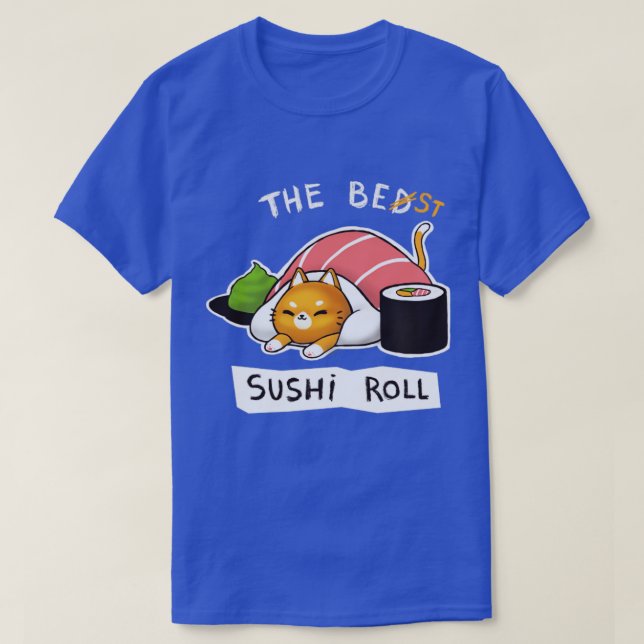 Camiseta Sushi Roll Bed Cat Funny Cute Gatinho Distância So (Frente do Design)
