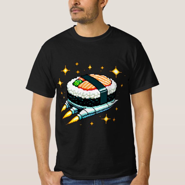 Camiseta Sushi Spaceship Pixel Art Voando Sushi Roll Design (Frente)