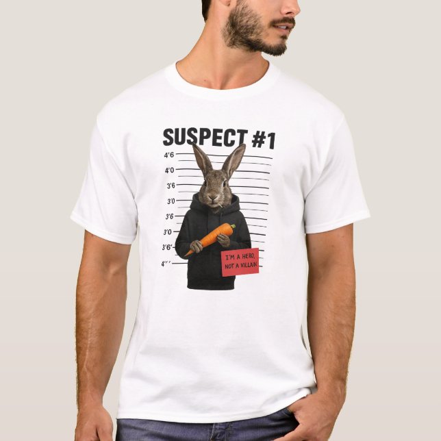 Camiseta Suspect #1 – Funny Bunny Mugshot with Carrot (Frente)