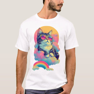 Camiseta Swag Cat Retro Chill Cat com Rainbow Aura