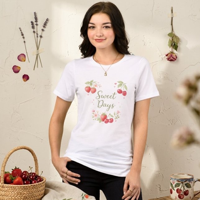 Camiseta "Sweet Days" de Morango e Cereja em Aquar (Criador carregado)