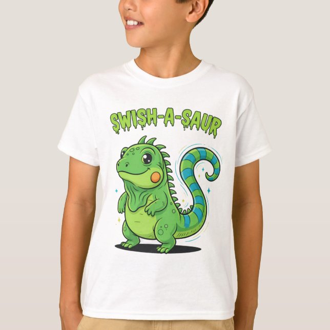 Camiseta Swish-A-Saur Cute Iguana Dinosaur with Striped Swi (Frente)