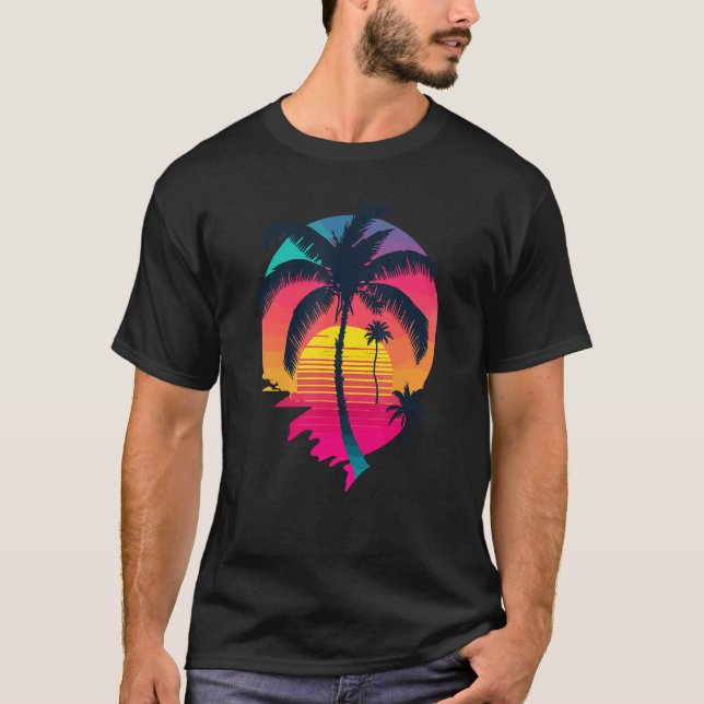 Camiseta Synth Island Sunset Synthwave Aesthetic Palm Tree  (Frente)